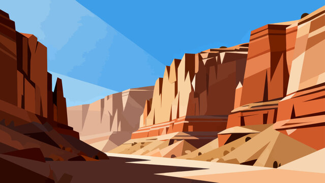 Rugged canyon walls rise under clear blue sky. Sunlight glints off layered red stone surfaces. Desert floor stretches wide, quiet and empty. Ideal for travel, adventure, or nature-themed designs