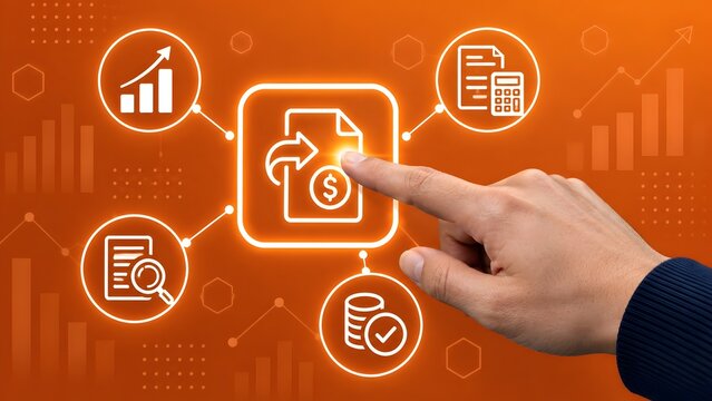 Financial analyst touching digital accounting dashboard for automated invoicing and smart document processing