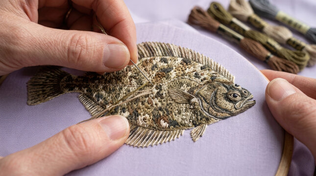 Intricate embroidery of flatfish on light purple fabric with needle and thread for professional textile artist work sessions.
