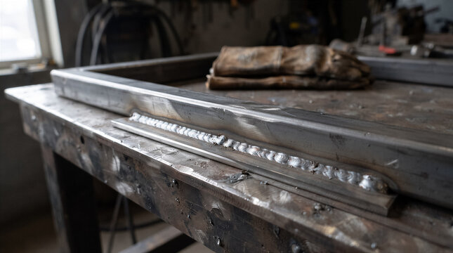 Closeup of a metal weld bead on a steel frame resting on a workshop workbench with welding gloves in the background