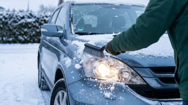 Person cleaning snow off the headlight of a modern blue car with a brush on a cold winter day