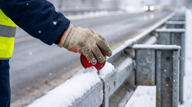Road worker cleaning a red reflector on a guardrail from snow during a winter day on the highway