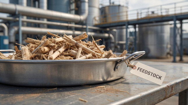 A metal tray filled with sugarcane bagasse feedstock sitting on a workbench in front of an industrial biofuel processing plant facility