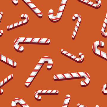 Vector Candy Cane Pattern on Burnt Orange Background. Illustration for Christmas Holiday Design