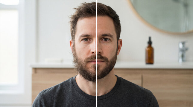 Split screen comparison of a man with an unkempt beard versus a wellgroomed beard in a bathroom setting