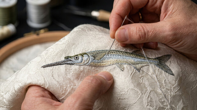 Long needlefish embroidery design on cream fabric with needlework artisan hands creating intricate scales for elegant home decor.