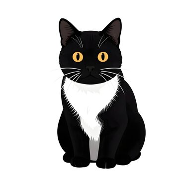 A digital illustration of a cute black cat with a white chest patch sitting against a white background.