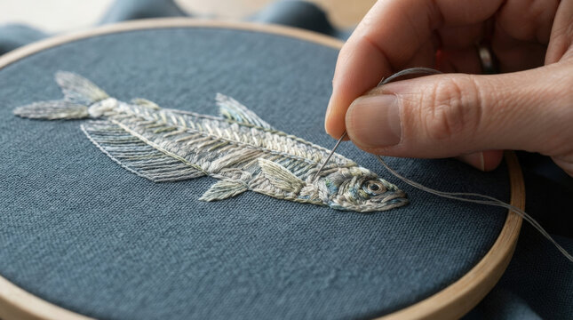 Minimalist fish skeleton embroidery art rendered in grey monochrome threads on textured dark fabric for creative textile work.