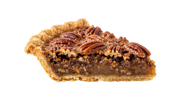 Delicious slice of pecan pie with whole pecans on top and flaky crust PNG Isolated on transparent background