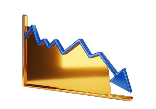 A gold colored graph with a downward trend isolated on transparent background
