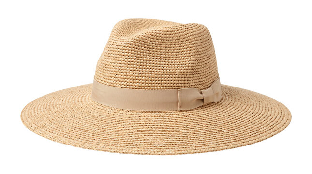 Woven Straw Fedora Hat with Ribbon Band and Bow Detail PNG Isolated on transparent background