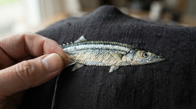 Needlepoint fish embroidery on black linen cloth with intricate thread textures for DIY clothing embellishment artisan crafts.