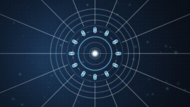 Futuristic digital radar interface with circular HUD elements, abstract blue technology background, glowing data visualization grid for science and security