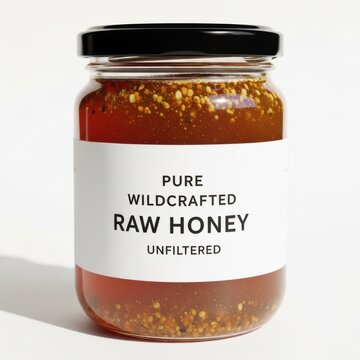 Jar of pure wildcrafted and unfiltered raw honey displayed on a light surface
