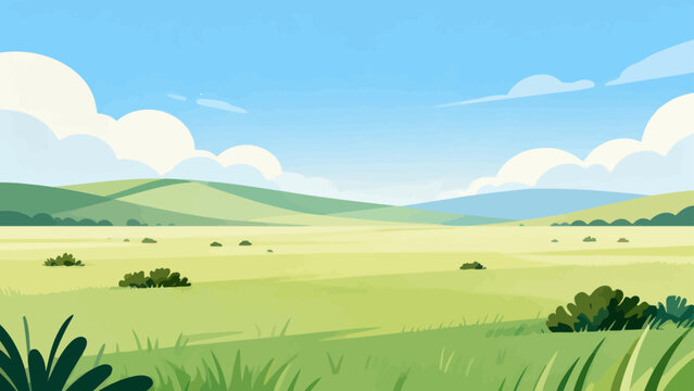 Bright sky floats above rolling green hills. Soft clouds drift lazily overhead. Sparse shrubs dot the open field. Fresh grass sways gently in the breeze. Vibrant landscape invites calm and wonder