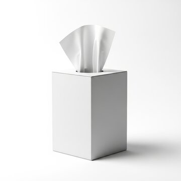 A single roll of white toilet tissue extending from an empty cardboard box