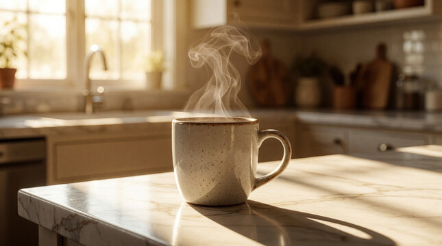 Sunlit kitchen counter shows ceramic mug filled with hot beverage. Gentle steam rises, hinting at a peaceful morning ritual. Image conveys comfort and a fresh start.