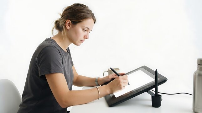 Young woman drawing on a digital graphics tablet at a desk