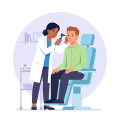 Fototapeta premium Doctor examines patient's ear with otoscope, medical checkup, healthcare illustration