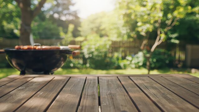 A wooden table in the foreground overlooking a charcoal grill in a sunny backyard. Ideal for summer barbecue party food and lifestyle product placement.