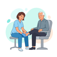 Fototapeta premium Nurse caring for elderly man's foot, illustration of healthcare and medical assistance