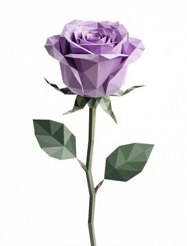 Geometric rose illustration with purple petals and green leaves. Stylized flower on white background, digital art. Modern, abstract floral design element perfect for graphic needs.