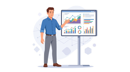 Obraz premium Man presenting financial charts and graphs on a digital screen, illustrating business growth and analysis.