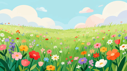 Obraz premium Vibrant wildflowers dot a sunlit meadow. Pastel clouds drift above a gentle green hill. Soft colors evoke peace and joy. Perfect for nature, travel, or wellness branding