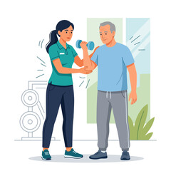 Fototapeta premium Fitness Trainer Assists Senior Man Lifting Dumbbell for Strength Training and Rehabilitation