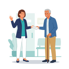 Fototapeta premium Friendly interaction: Woman hands document to elderly man with cane in waiting room