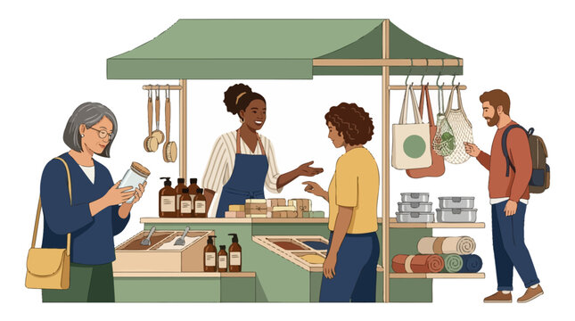 Eco-friendly zero waste market stall with diverse customers shopping for sustainable products