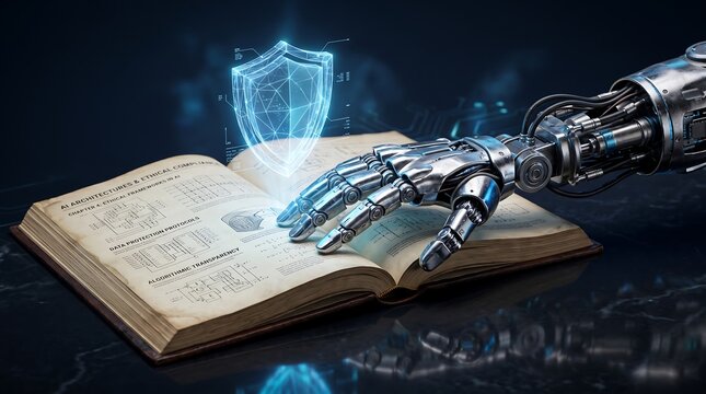 Metallic robotic hand touching glowing holographic shield protecting open book containing architecture and ethical frameworks representing data protection and cybersecurity in futuristic technology