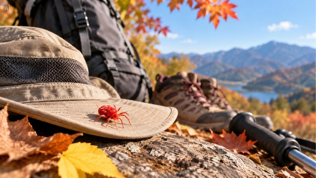 Red chigger mite on hiking hat during autumn outdoor activity