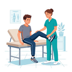 Obraz premium Physical therapist assisting a patient with leg exercises on examination table, medical poster in background