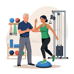 Fototapeta premium Physical therapist assisting a woman with balance training on a bosu ball in a gym