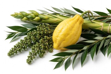 Obraz premium Four species for Sukkot etrog citron, lulav palm, myrtle, and willow branches arranged on white background. Traditional Jewish holiday symbols for celebration.