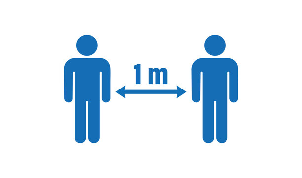 Social distancing icon showing two people standing apart with a one meter distance measurement vector
