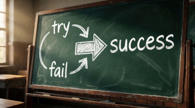 Chalkboard drawing shows diagram of success path. White chalk text on green board illustrates cycle of try, fail leading to achievement. Business concept of perseverance, growth through mistakes