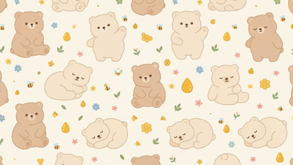 Fototapeta premium Seamless pattern with cute cartoon bears and honey drops in pastel colors.