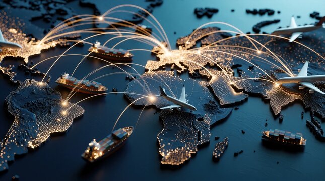 Global logistics network shows world map with glowing lines. Cargo ships, planes, trucks move goods across continents. Digital connection links international trade routes. Modern supply chain