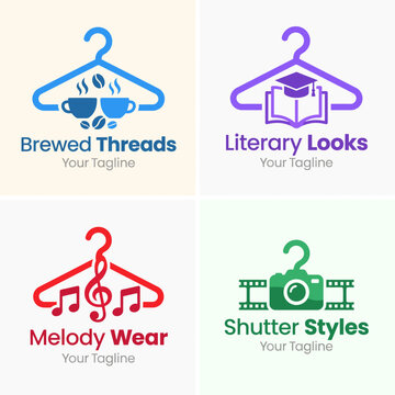 An array of distinct apparel logos: 'Brewed Threads', 'Literary Looks', 'Melody Wear', and 'Shutter Styles', representing various lifestyle themes in fashion.