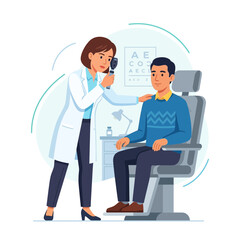 Fototapeta premium Optometrist examining a patient's eyes with a handheld ophthalmoscope in an examination room.