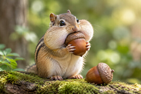 Chipmunk with full cheeks trying to push an acorn into its mouth.