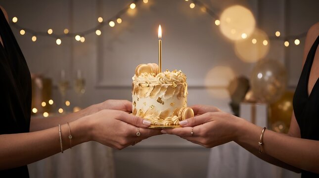 Hands holding an elegant birthday cake with a gold candle and macarons in a party room

