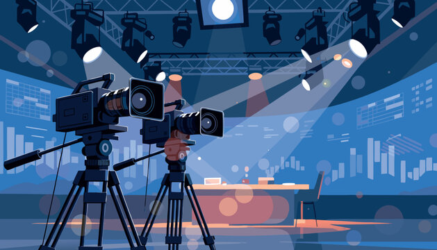 Television news broadcast studio with cameras and spotlights vector