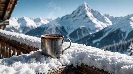 Obraz premium Steaming hot drink in metal mug rests on snowy mountain balcony with peaks beyond. Warmth contrasts cold winter landscape. Enjoying cozy vacation in resort.