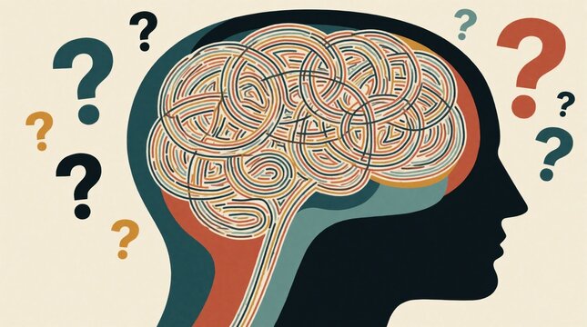 Abstract human head profile with complex brain lines and scattered question marks. Represents confusion, overthinking, and mental challenges. Offers concept for psychology and mind.