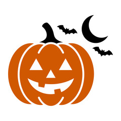 Halloween pumpkin silhouette with flying bats and crescent moon vector © Soumojit Halder