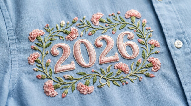 Delicate pink carnation embroidery framing 2026 digits on light blue button up shirt fabric for festive event apparel designs.