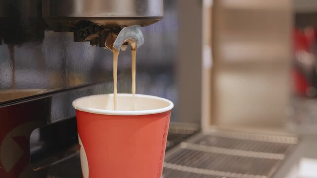 Coffee flows steadily from the machine spout into a red paper cup, highlighting the brewing process in a contemporary cafe environment